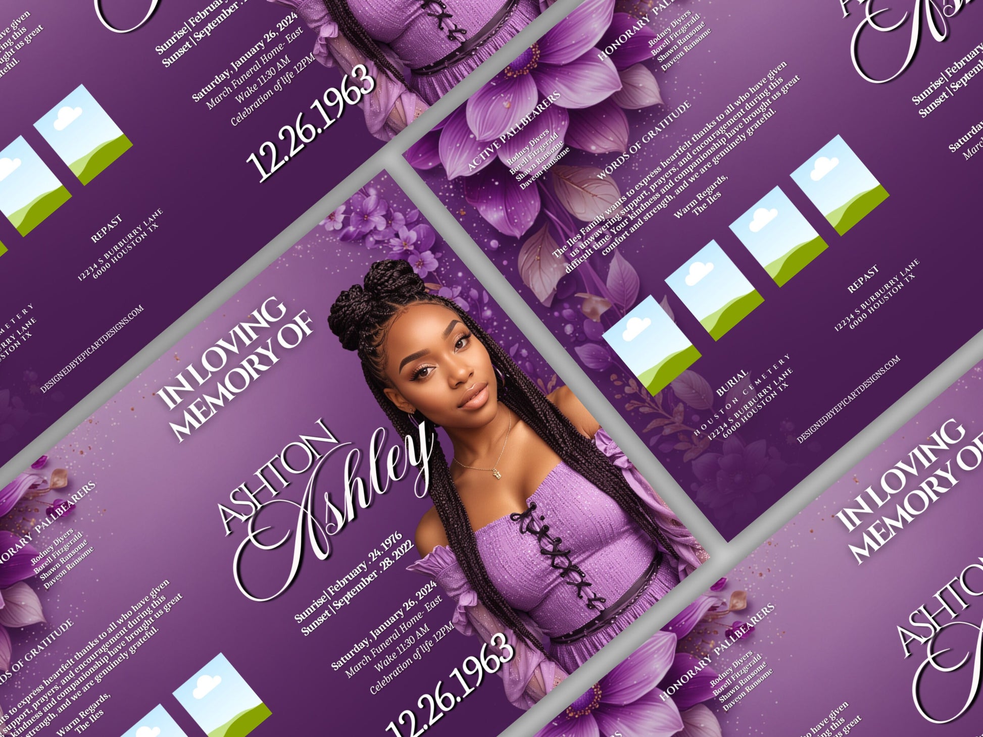 Funeral programs 5.5"x8.5" editable template 8 page Women's Purple In loving memory funeral brochure printing DIY Funeral booklet