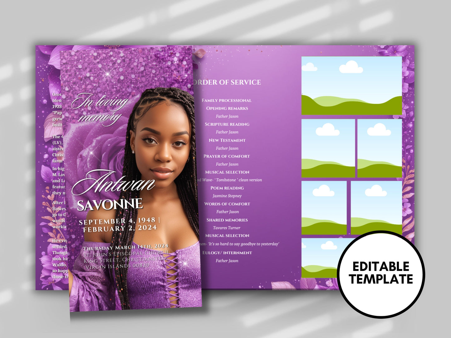 Funeral program 17"X11"editable templateTRIFOLD Women's Purple In loving memory funeral brochure printing DIY Funeral booklet Printable