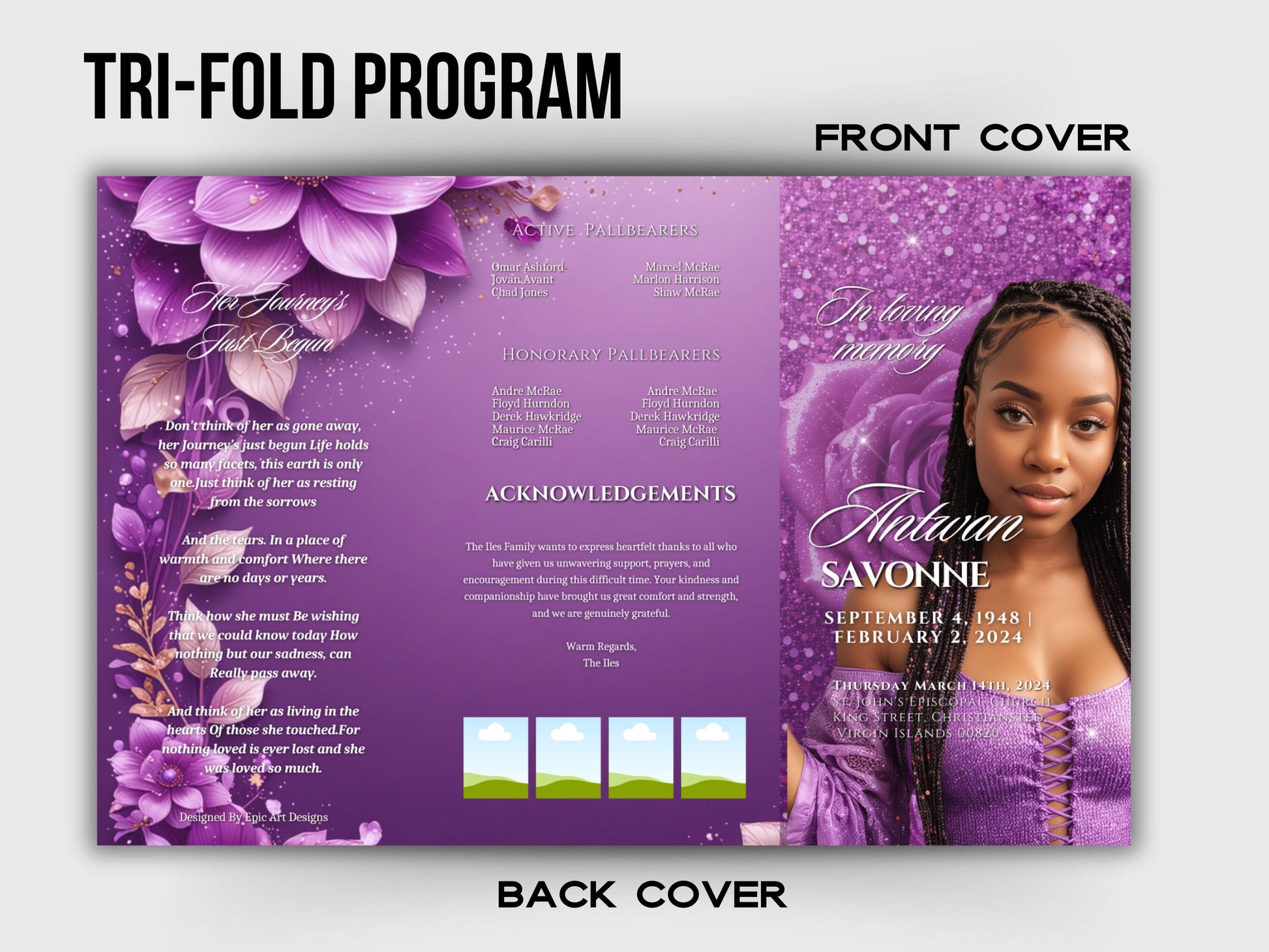 Funeral program 17"X11"editable templateTRIFOLD Women's Purple In loving memory funeral brochure printing DIY Funeral booklet Printable