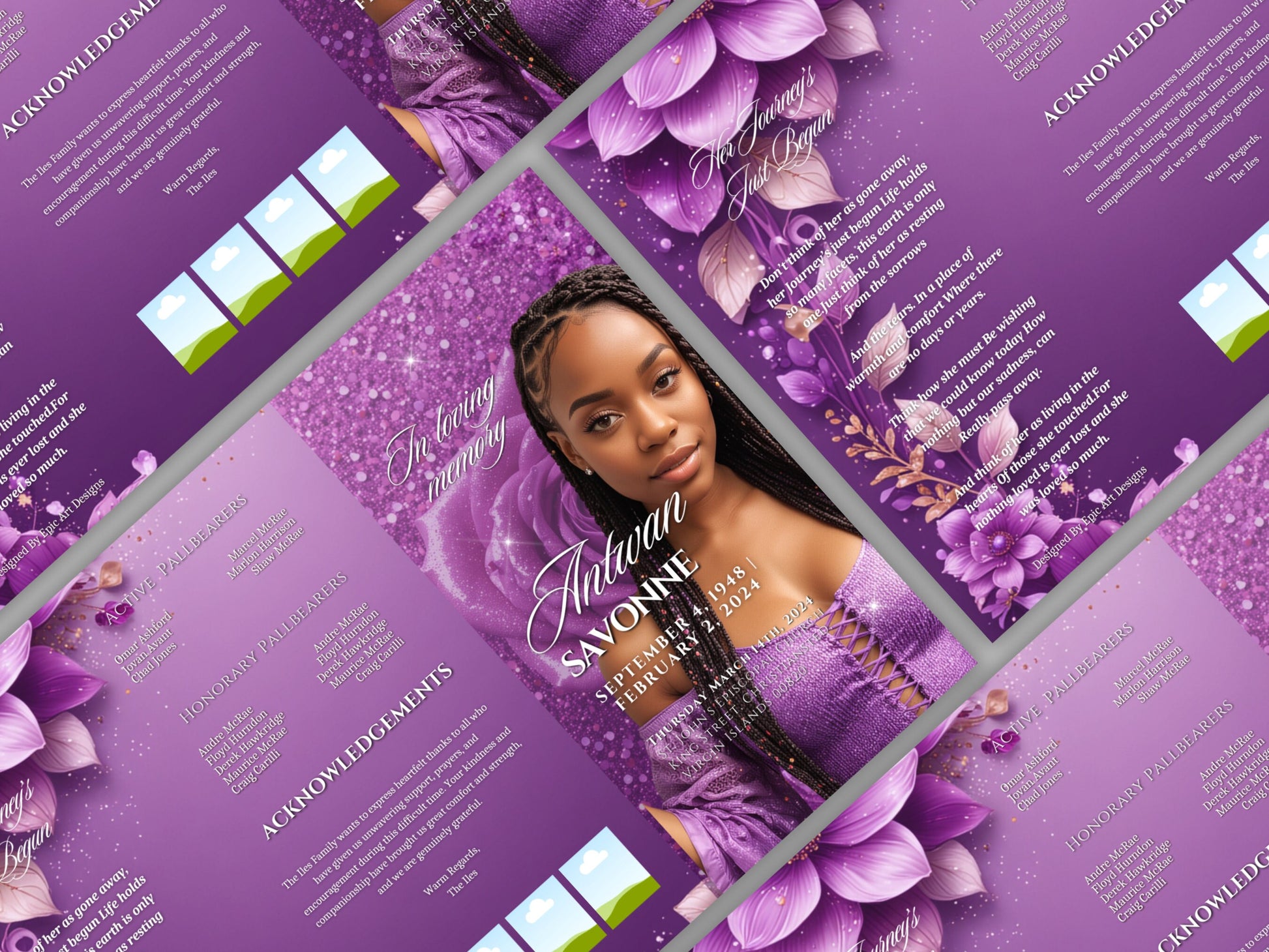 Funeral program 17"X11"editable templateTRIFOLD Women's Purple In loving memory funeral brochure printing DIY Funeral booklet Printable