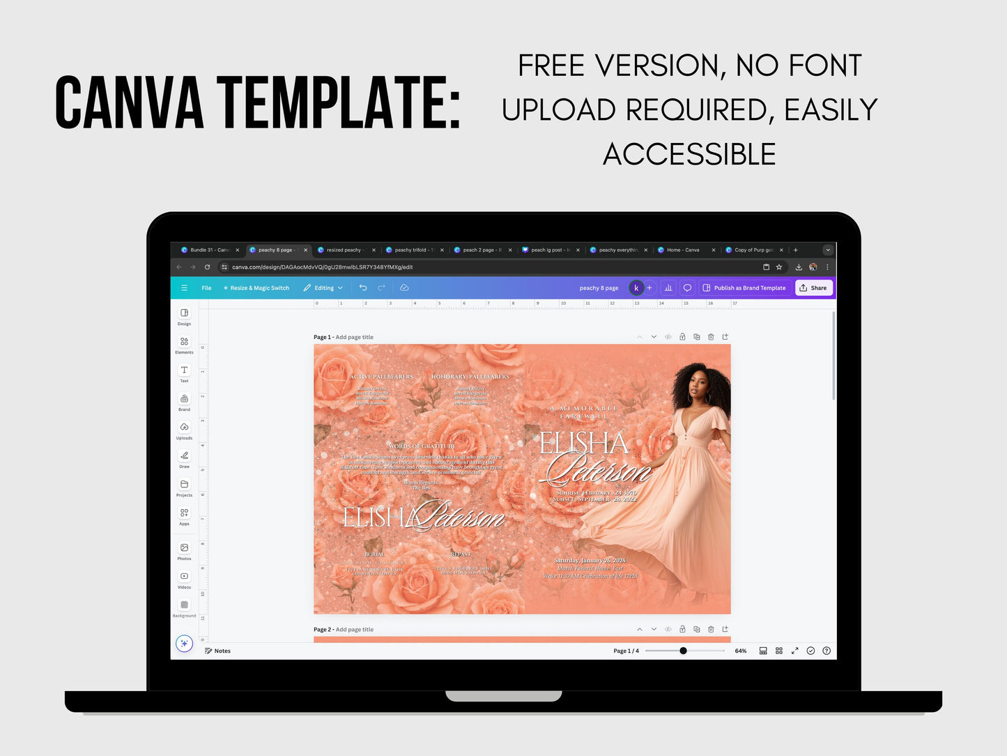 Funeral programs 5.5"x8.5" editable template 8 page Women's Peach In loving memory funeral brochure printing DIY Funeral booklet