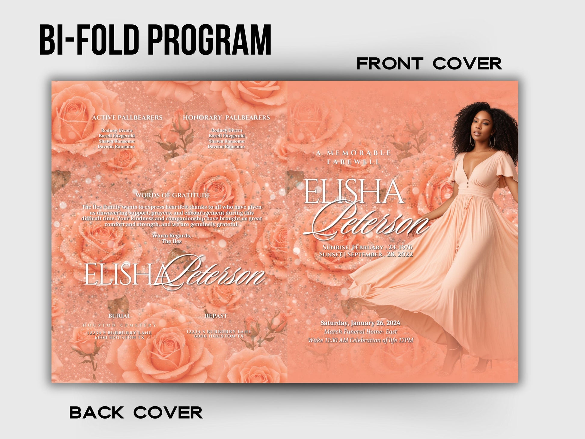 Funeral programs 5.5"x8.5" editable template 8 page Women's Peach In loving memory funeral brochure printing DIY Funeral booklet