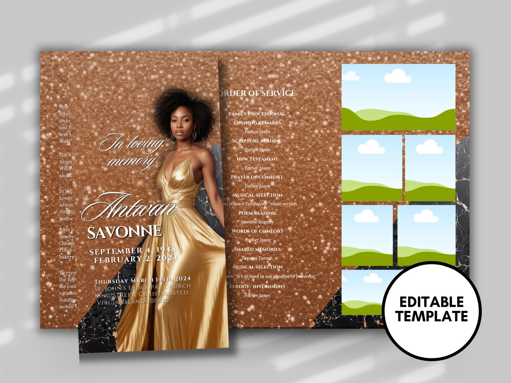 Funeral program 17"X11"editable templateTRIFOLD Women's Brown In loving memory funeral brochure printing DIY Funeral booklet Printable