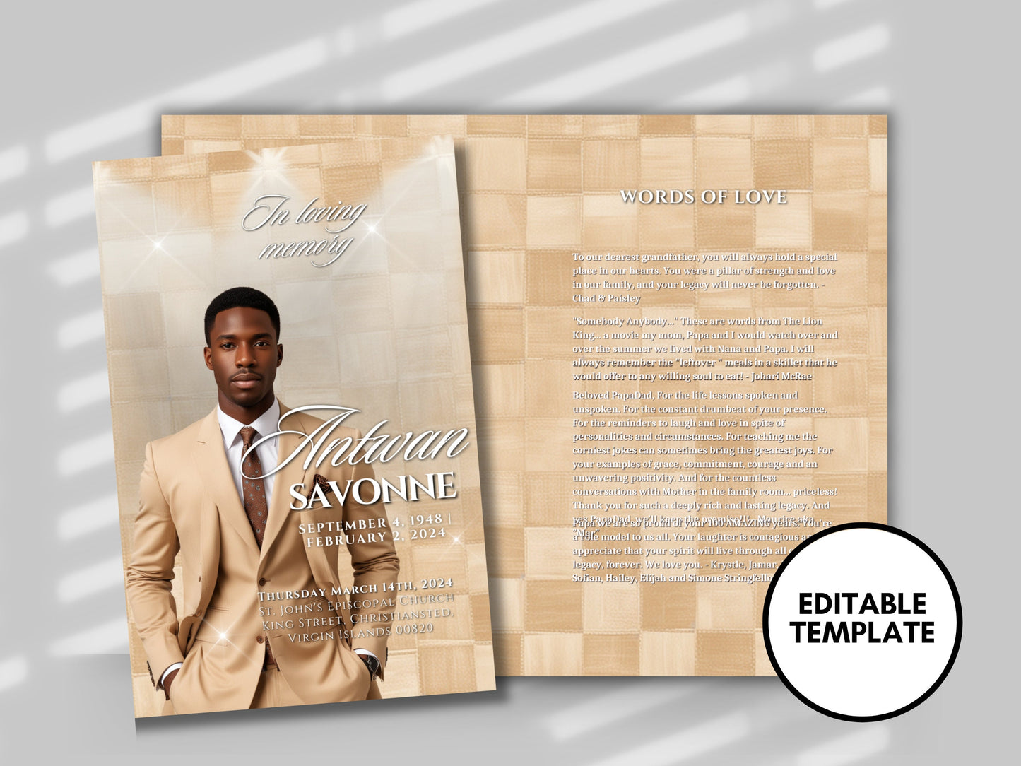 Funeral programs 8.5X11 editable template 8 page Men's Beige In loving memory funeral brochure printing DIY Funeral booklet