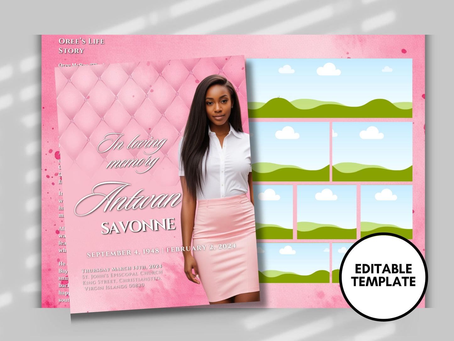 Funeral programs 8.5X11 editable template 8 page Women's Pink In loving memory funeral brochure printing DIY Funeral booklet