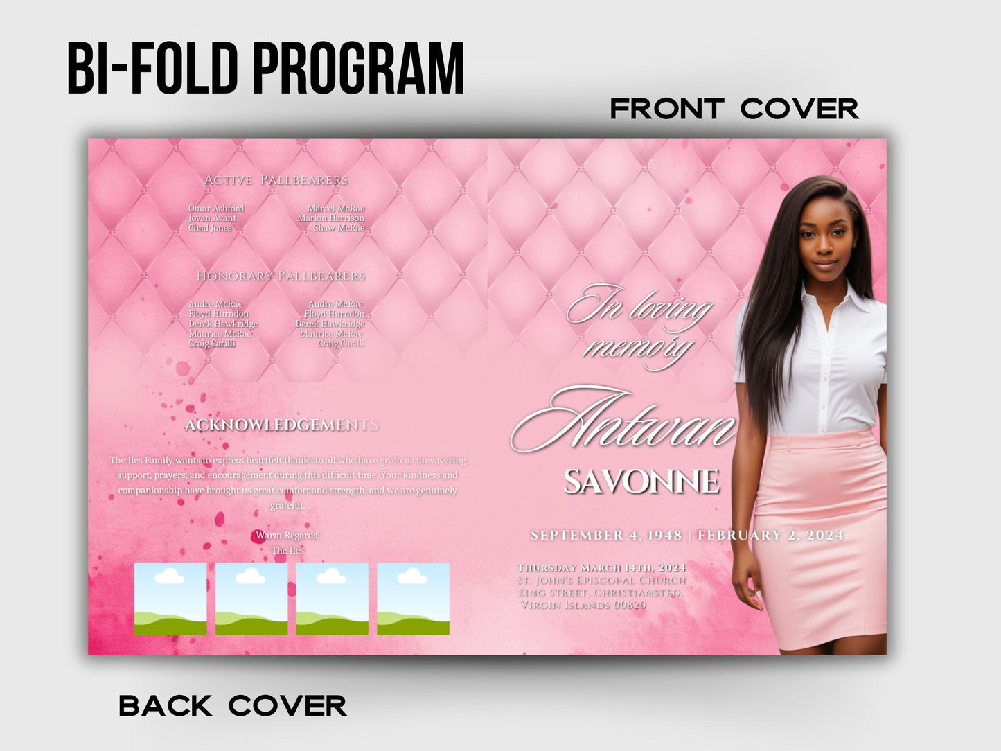 Funeral programs 5.5"x8.5" editable template 8 page Women's Pink In loving memory funeral brochure printing DIY Funeral booklet