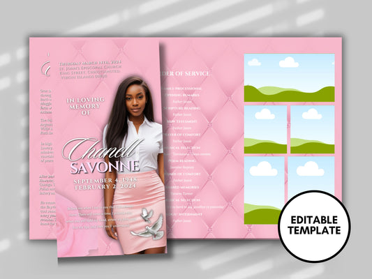 Funeral program 17"X11"editable templateTRIFOLD Women's Pink n In loving memory funeral brochure printing DIY Funeral booklet Printable