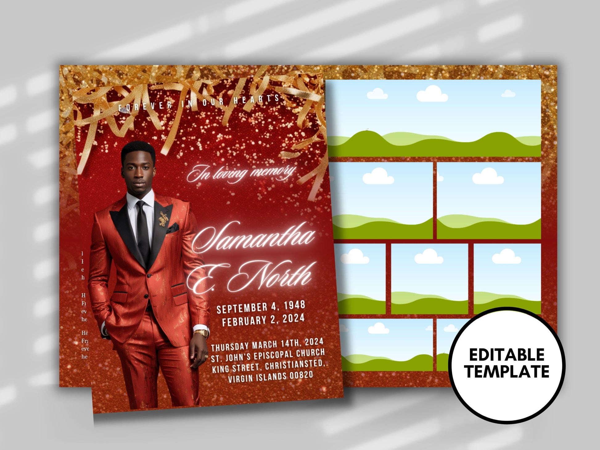 Funeral programs 8.5X11 editable template 8 page Men's Red Sparkle In loving memory funeral brochure printing DIY Funeral booklet