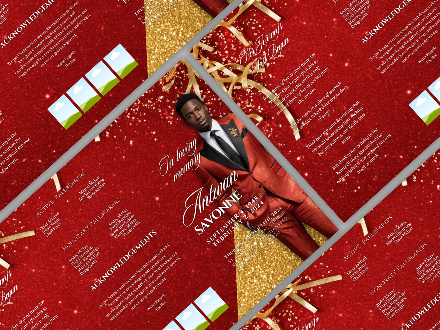 Funeral program 17"X11"editable templateTRIFOLD Men's Red Glitter In loving memory funeral brochure printing DIY Funeral booklet Printable