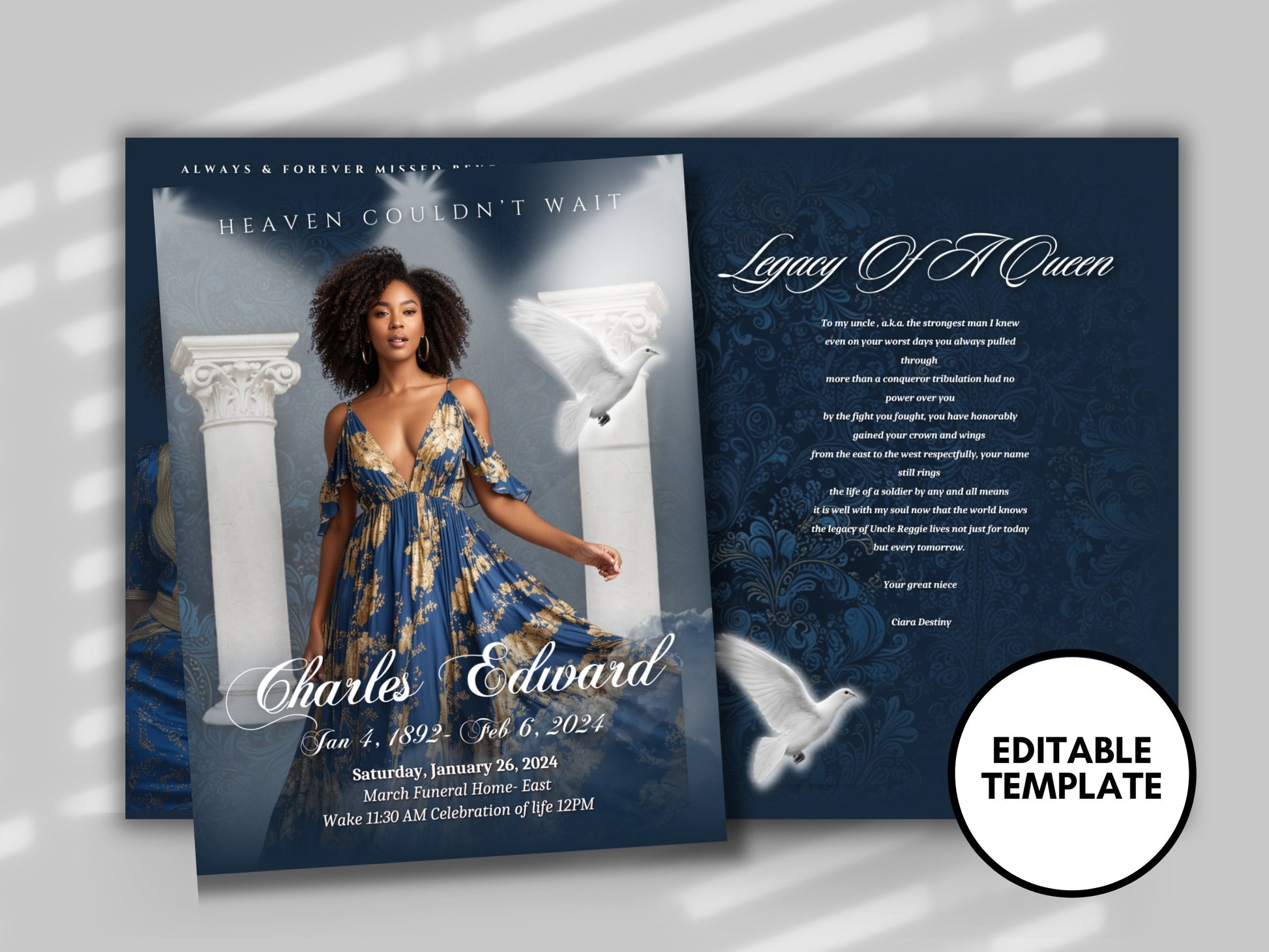 Funeral programs 8.5X11 editable template 8 page Women's Blue Gold In loving memory funeral brochure printing DIY Funeral booklet