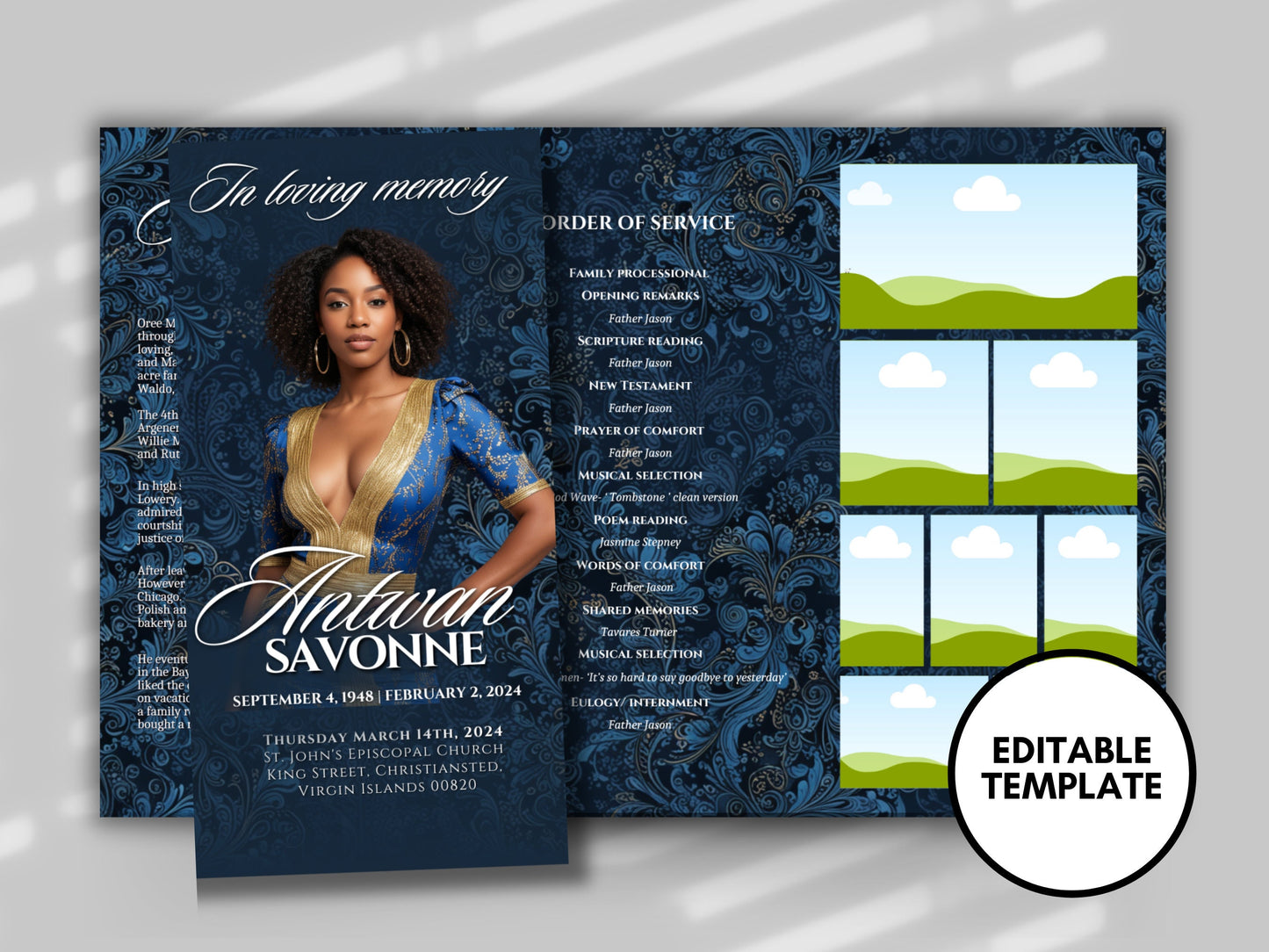 Funeral program 17"X11"editable templateTRIFOLD Women's Blue Gold In loving memory funeral brochure printing DIY Funeral booklet Printable