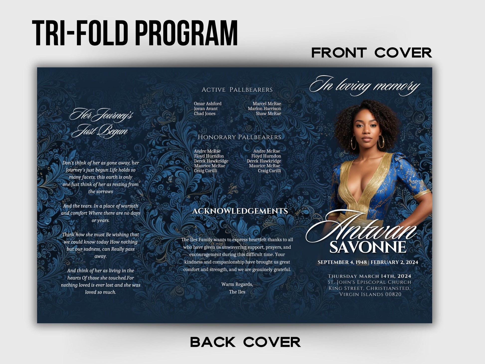 Funeral program 17"X11"editable templateTRIFOLD Women's Blue Gold In loving memory funeral brochure printing DIY Funeral booklet Printable