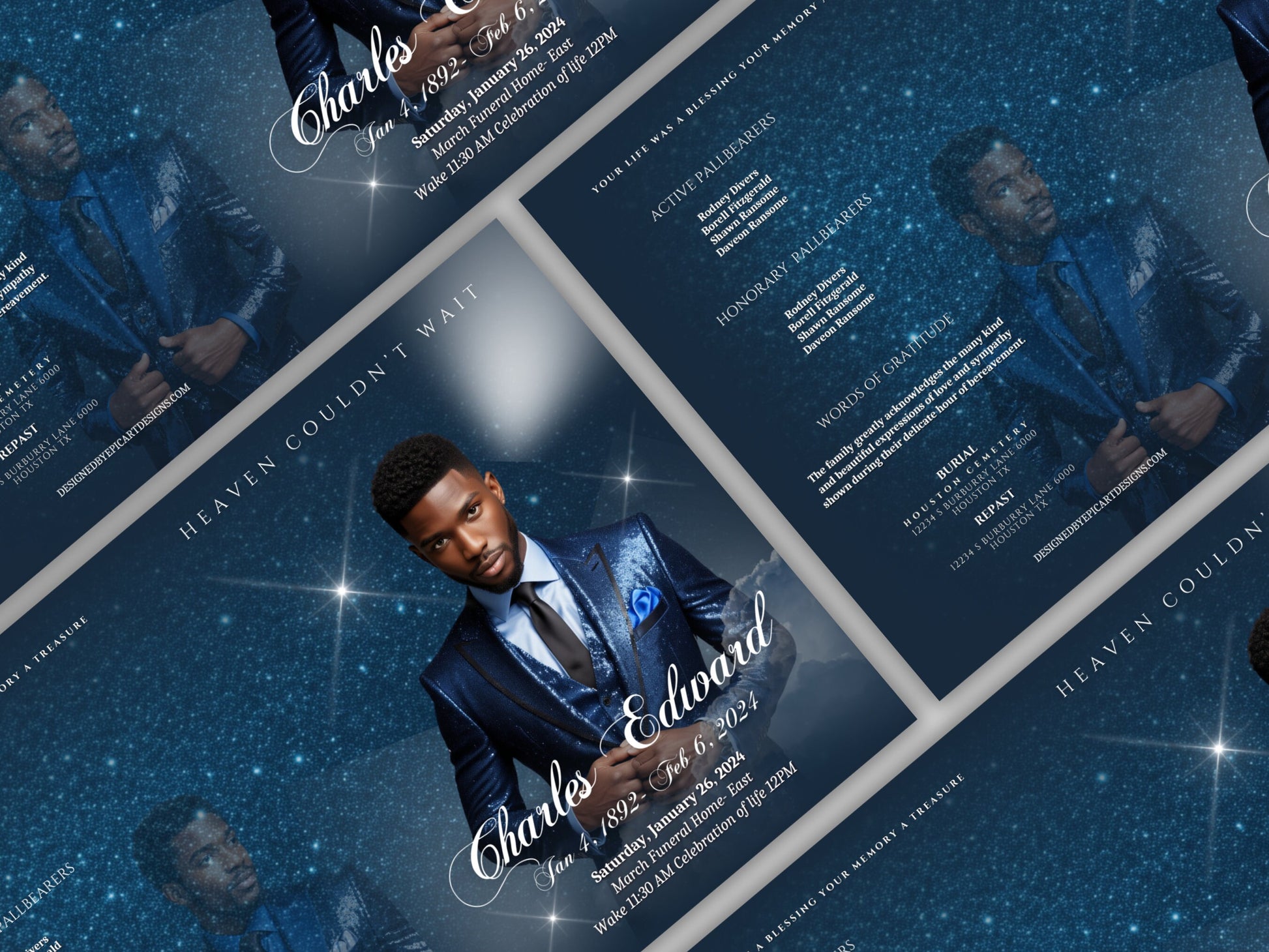 Funeral programs 8.5X11 editable template 8 page Men's Blue Glitter In loving memory funeral brochure printing DIY Funeral booklet