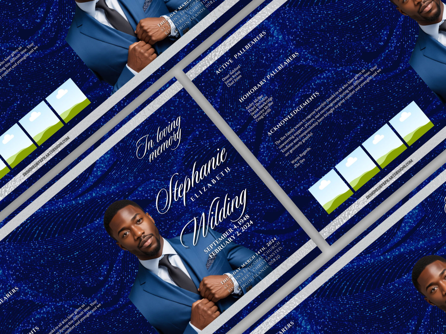 Funeral programs 5.5"x8.5" editable template 8 page Men's Dark Blue In loving memory funeral brochure printing DIY Funeral booklet