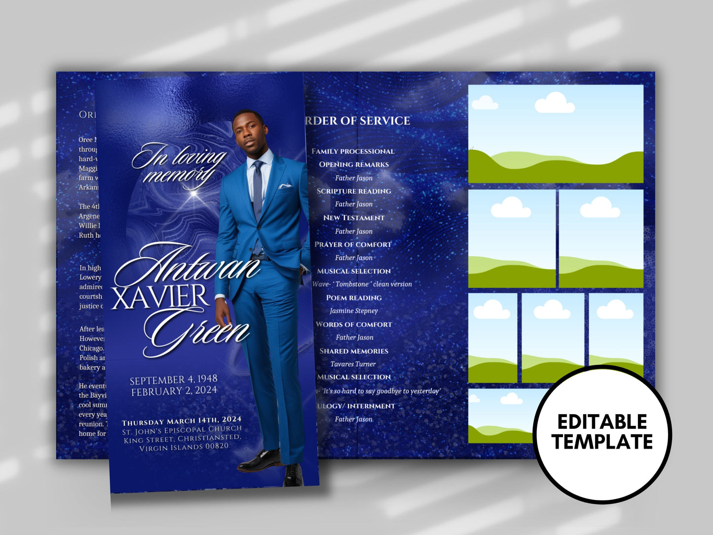 Funeral program 17"X11"editable templateTRIFOLD Men's Dark Blue In loving memory funeral brochure printing DIY Funeral booklet Printable