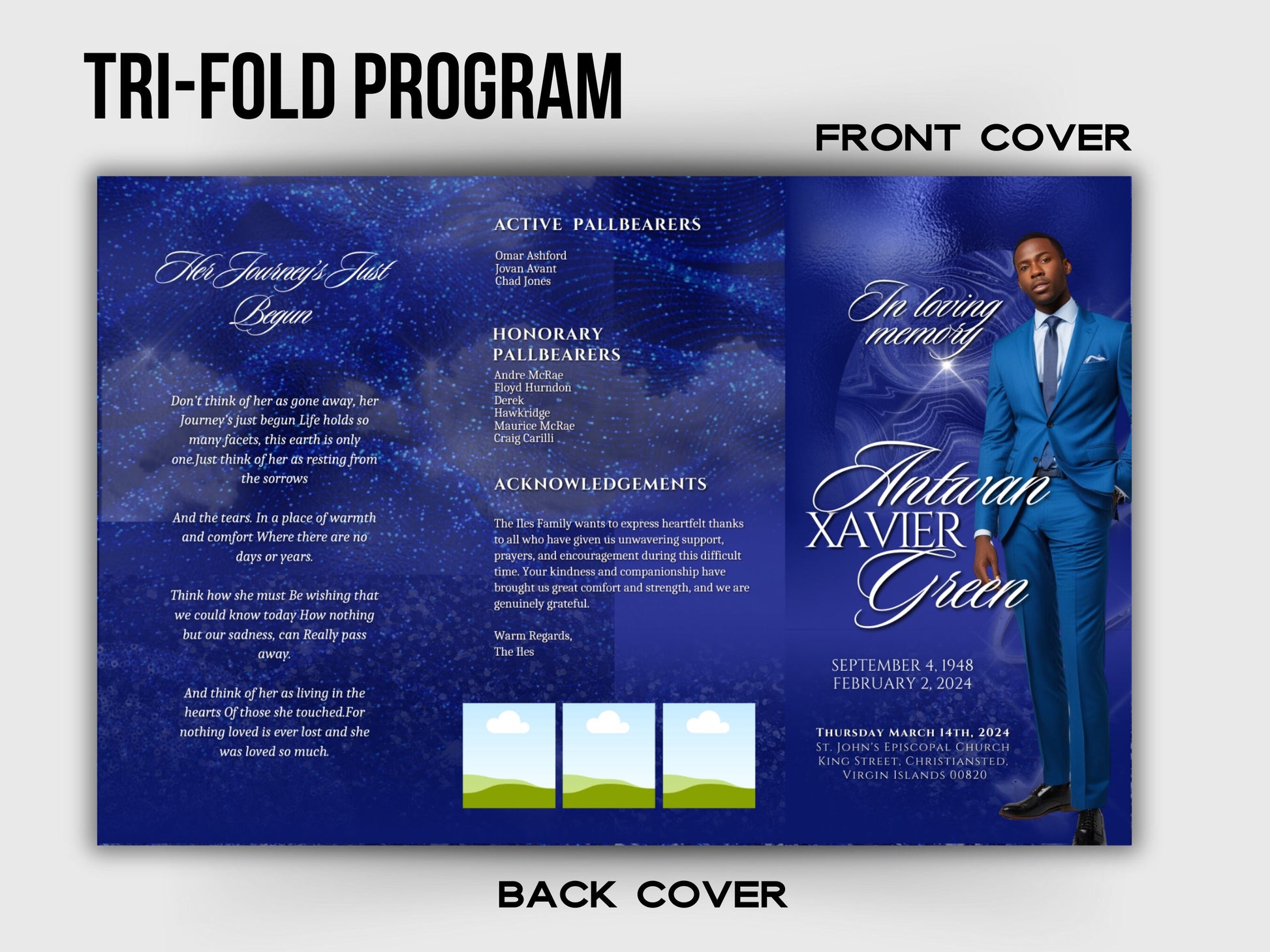 Funeral program 17"X11"editable templateTRIFOLD Men's Dark Blue In loving memory funeral brochure printing DIY Funeral booklet Printable