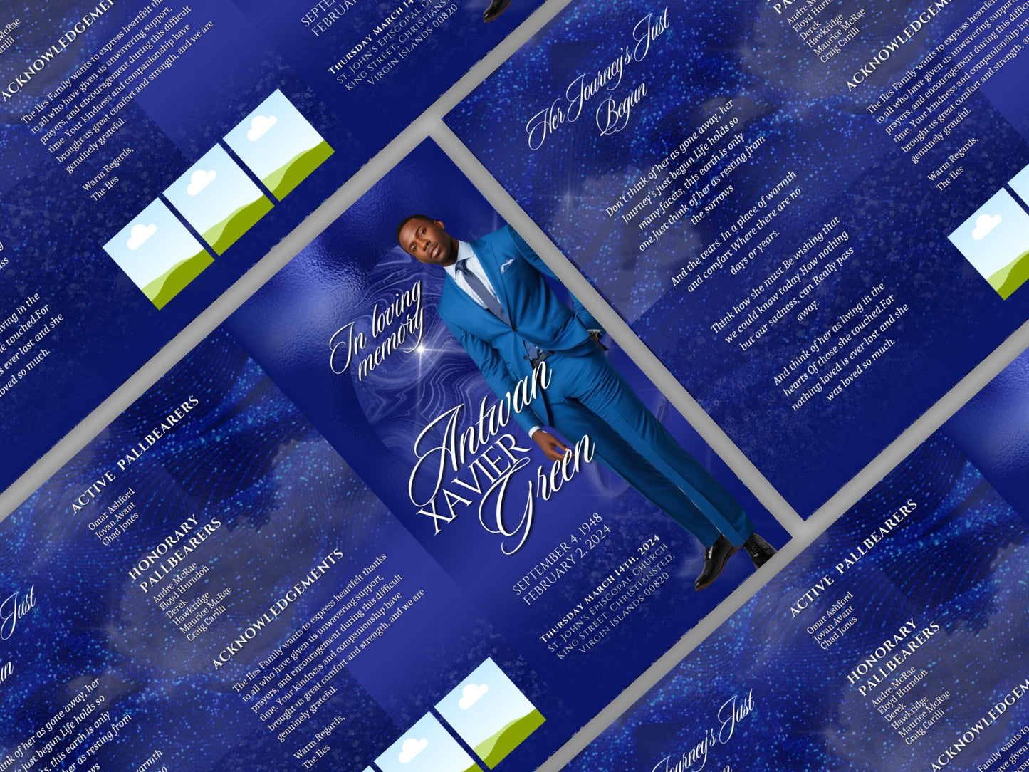 Funeral program 17"X11"editable templateTRIFOLD Men's Dark Blue In loving memory funeral brochure printing DIY Funeral booklet Printable