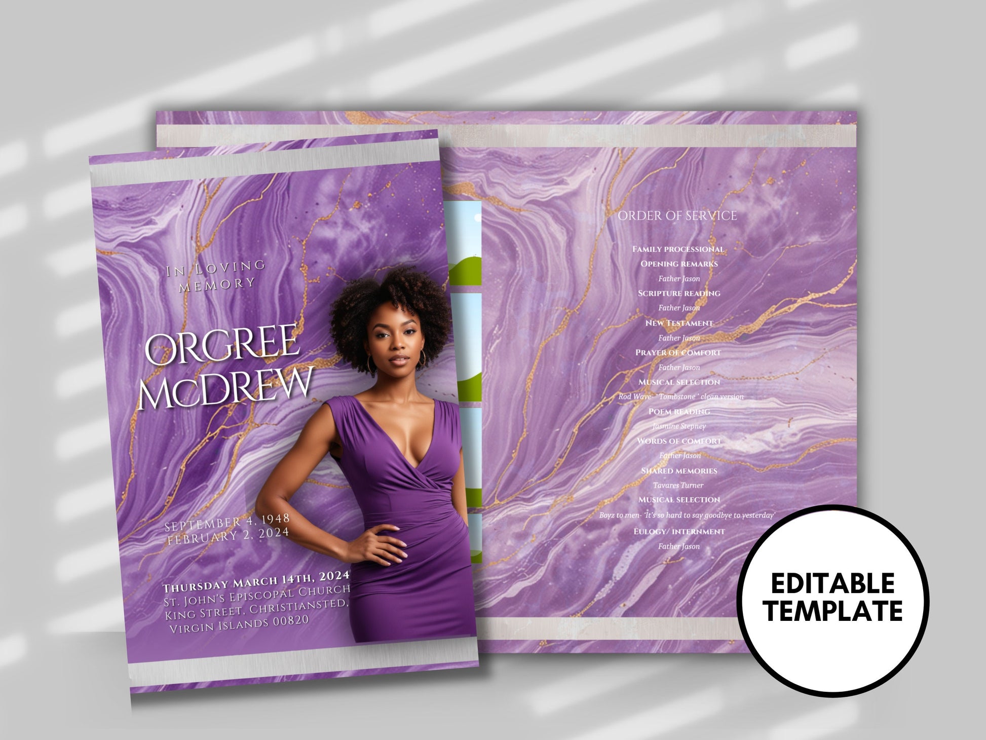 Funeral programs 5.5"x8.5" editable template 8 page Women's Purple In loving memory funeral brochure printing DIY Funeral booklet