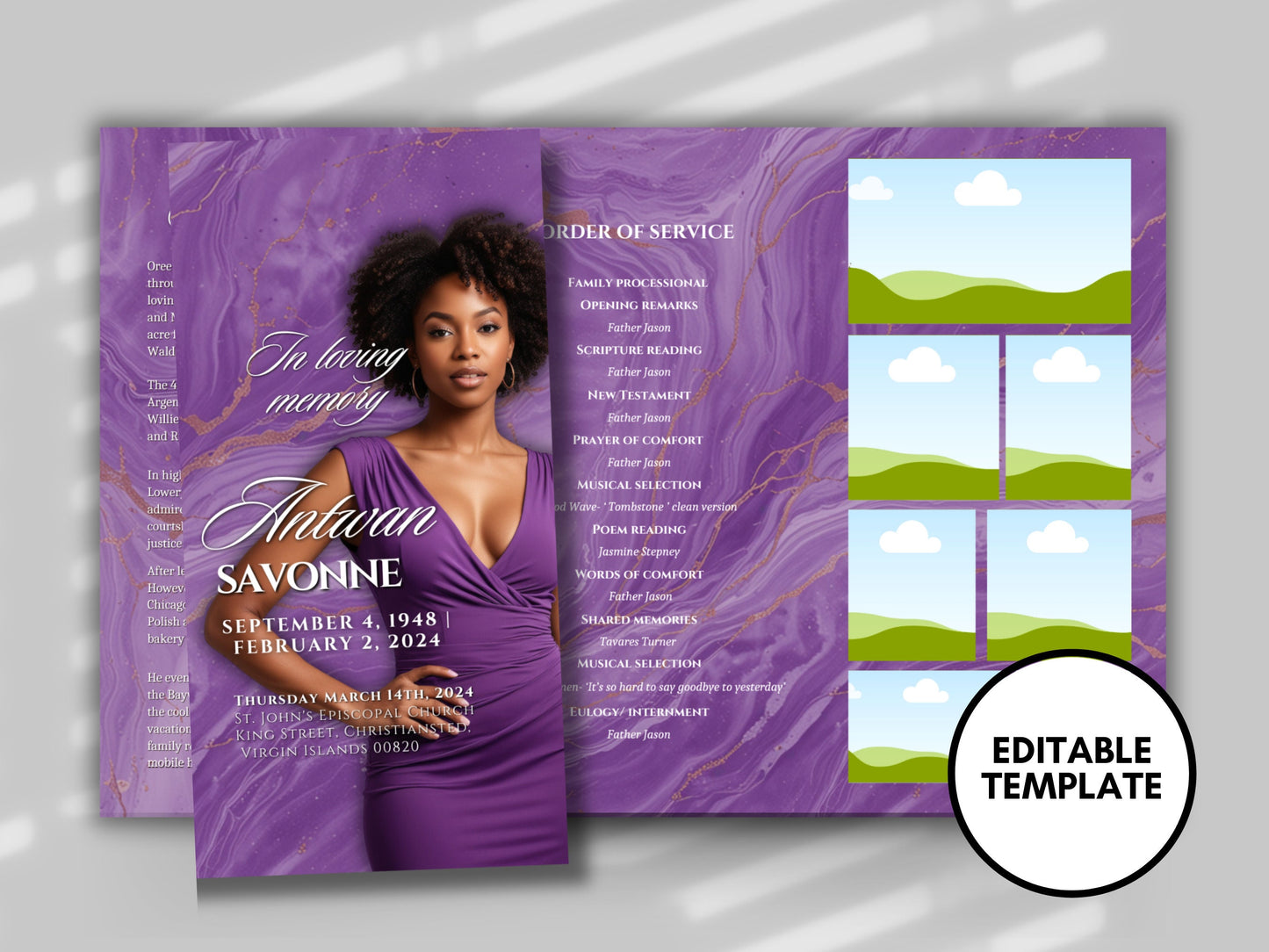 Funeral program 17"X11"editable templateTRIFOLD Women's Purple In loving memory funeral brochure printing DIY Funeral booklet Printable