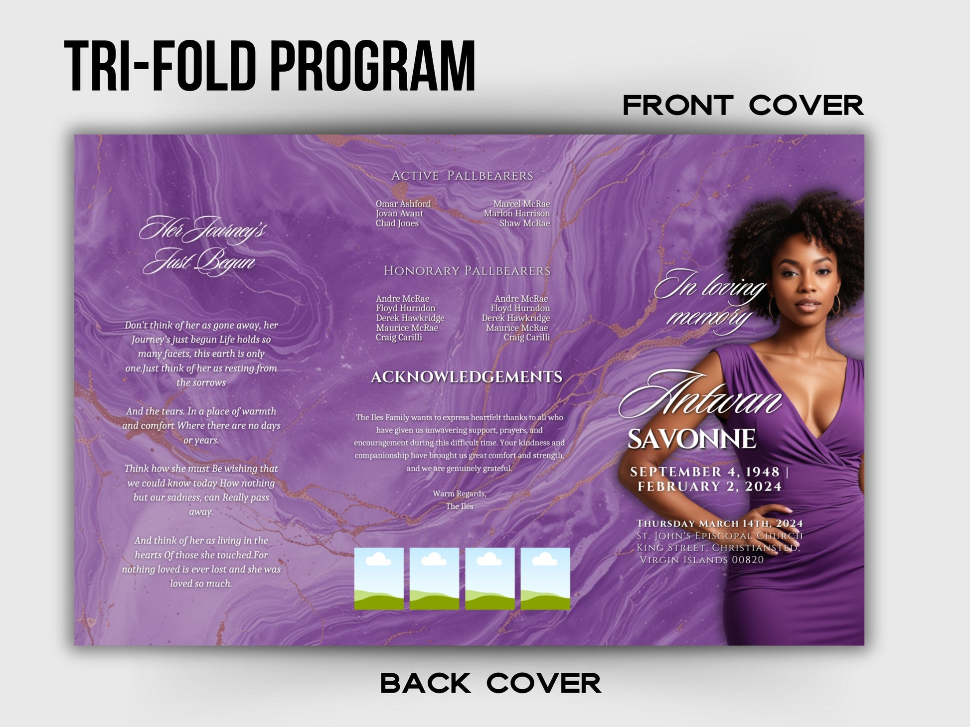 Funeral program 17"X11"editable templateTRIFOLD Women's Purple In loving memory funeral brochure printing DIY Funeral booklet Printable