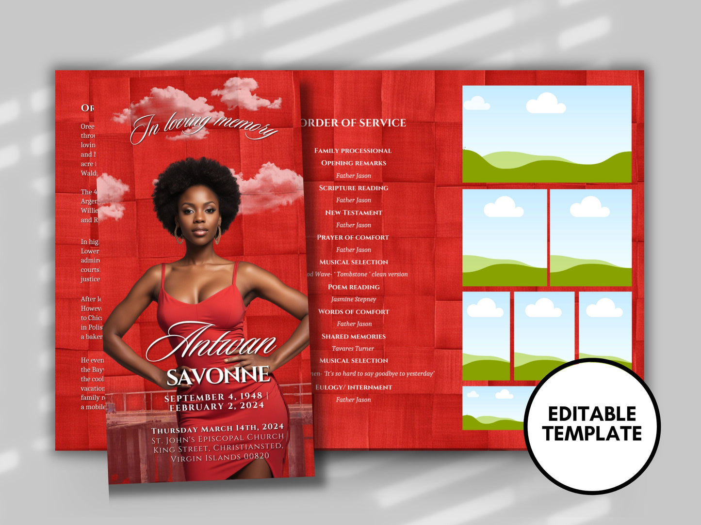 Funeral program 17"X11"editable templateTRIFOLD Women's Red In loving memory funeral brochure printing DIY Funeral booklet Printable