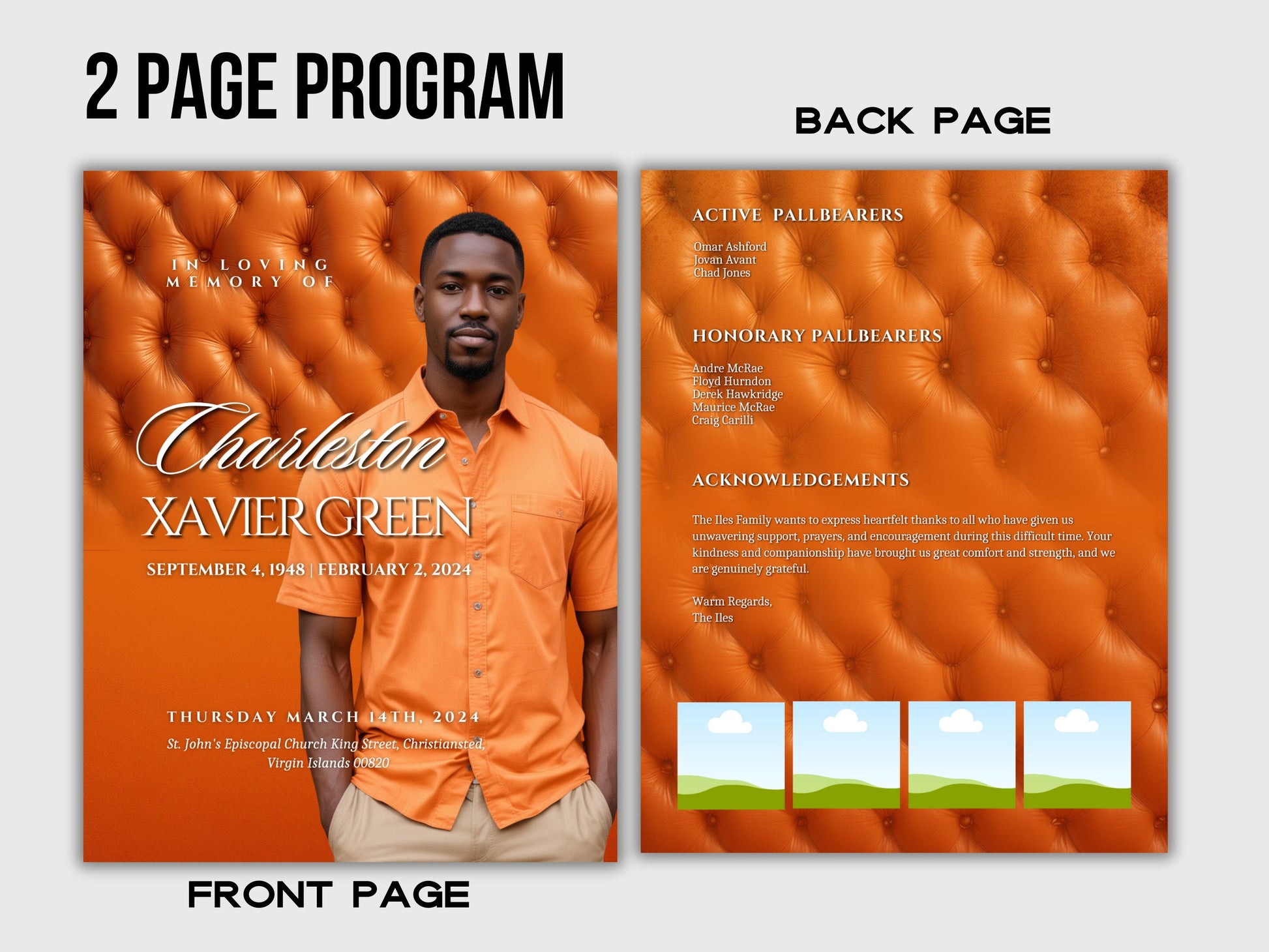 Funeral programs editable template 2 page 8.5x11 Men's Orange In loving memory funeral brochure printing DIY Funeral booklet