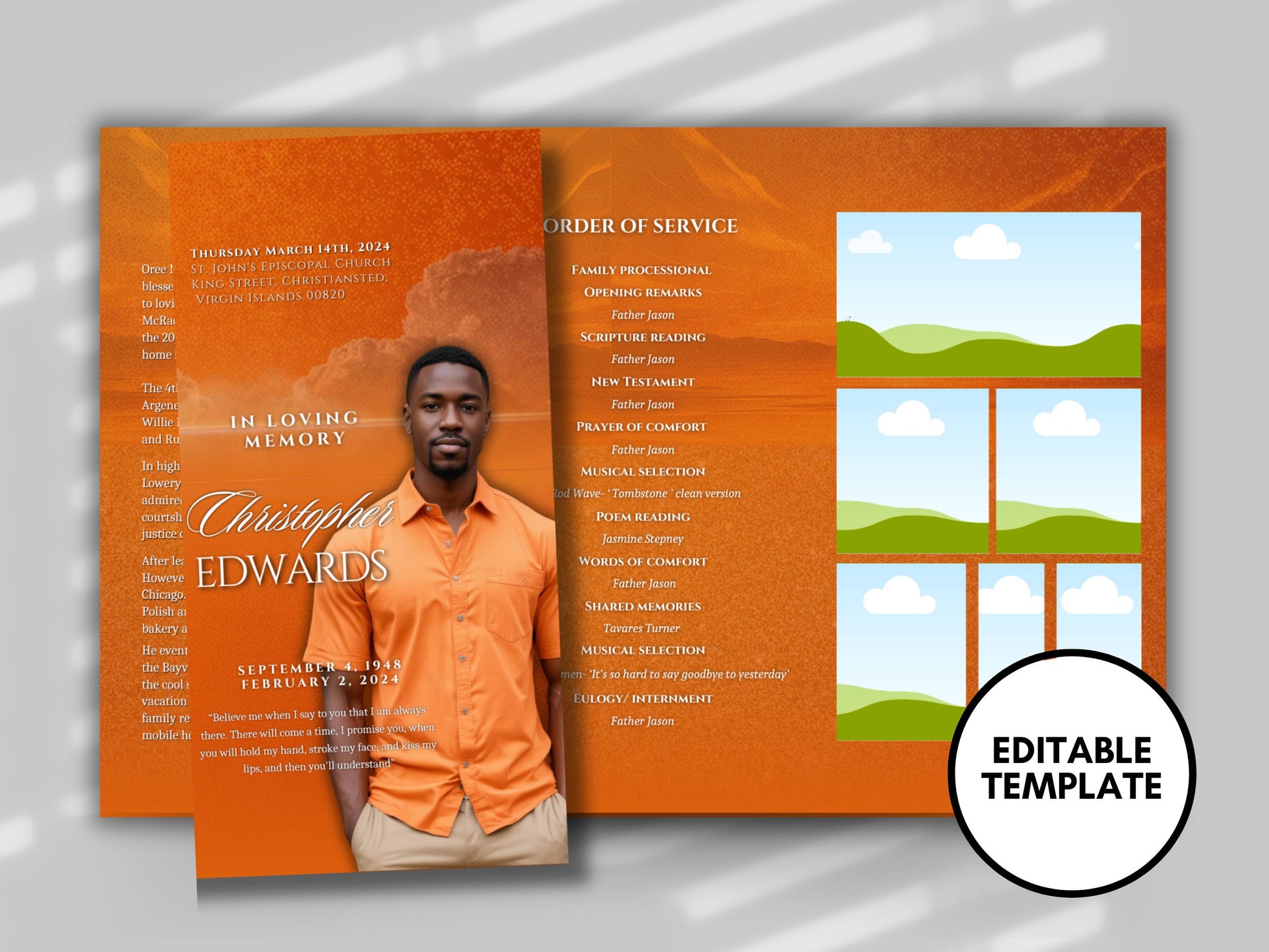 Funeral program 17"X11"editable templateTRIFOLD Men's Orange In loving memory funeral brochure printing DIY Funeral booklet Printable