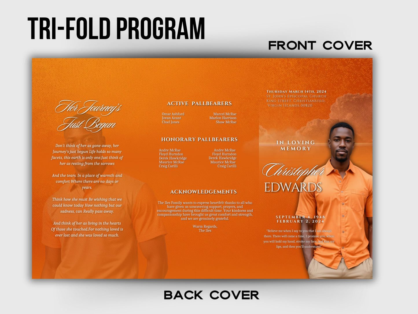 Funeral program 17"X11"editable templateTRIFOLD Men's Orange In loving memory funeral brochure printing DIY Funeral booklet Printable