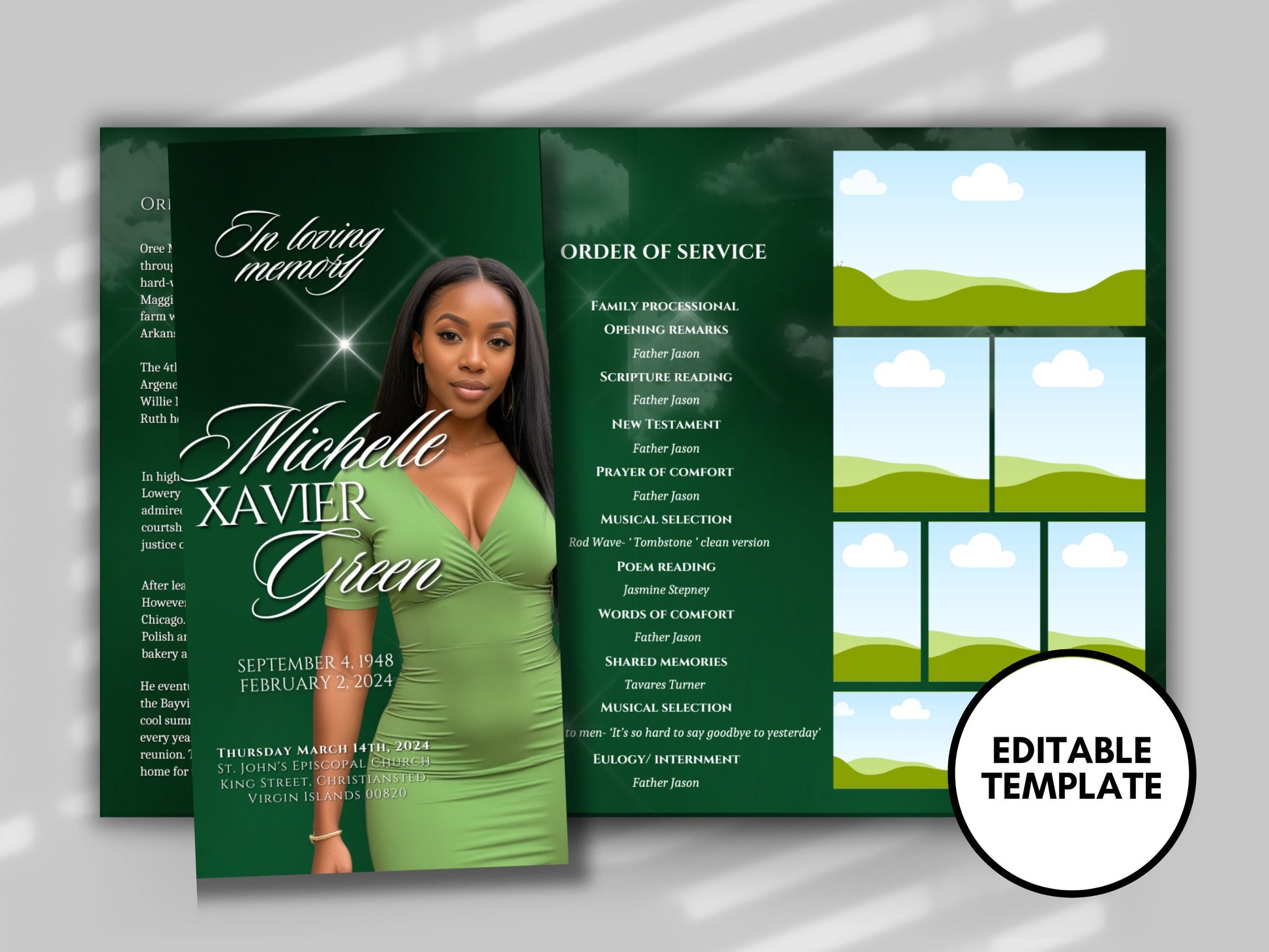 Funeral program 17"X11"editable templateTRIFOLD Women's Green In loving memory funeral brochure printing DIY Funeral booklet Printable