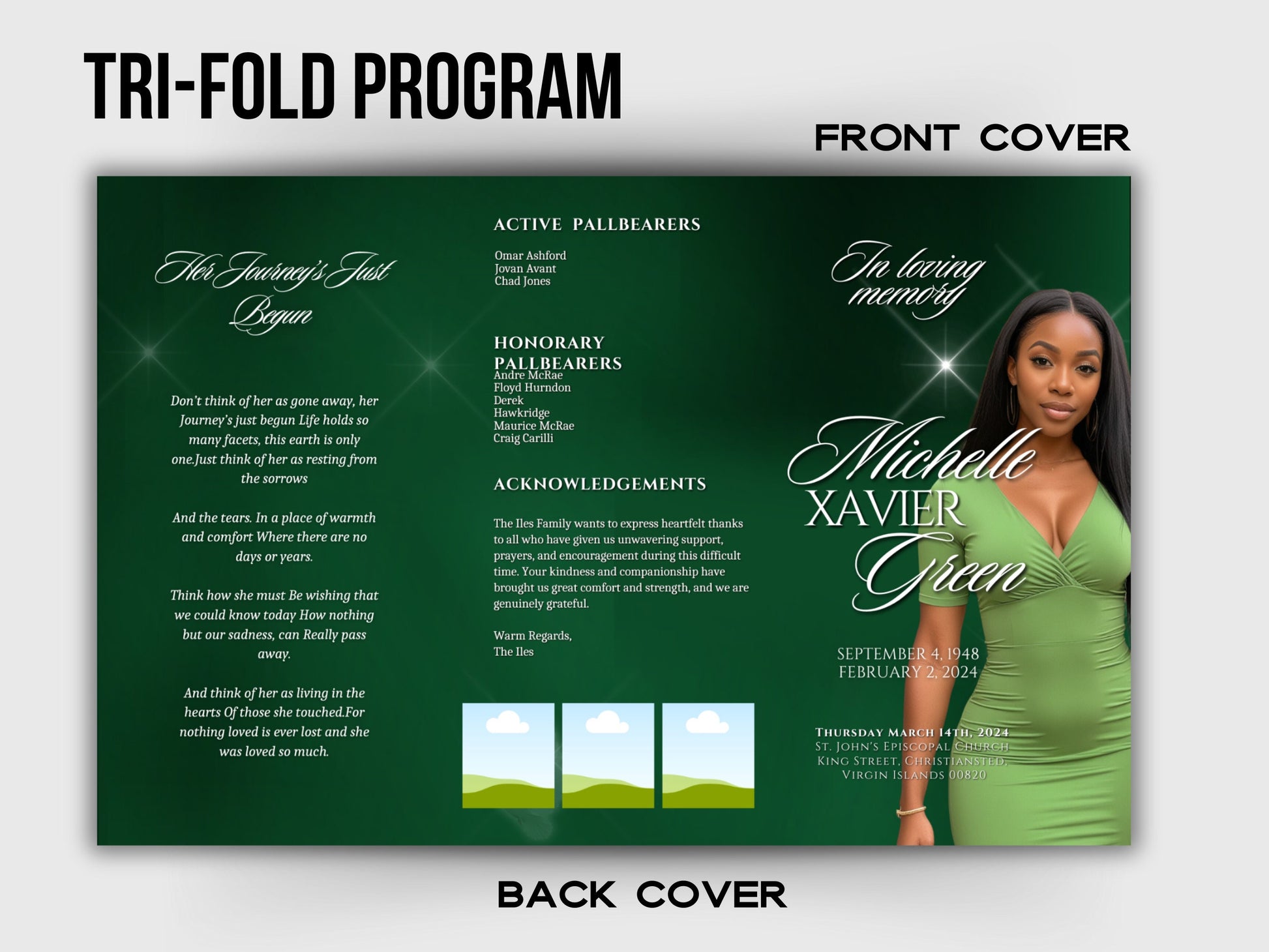 Funeral program 17"X11"editable templateTRIFOLD Women's Green In loving memory funeral brochure printing DIY Funeral booklet Printable