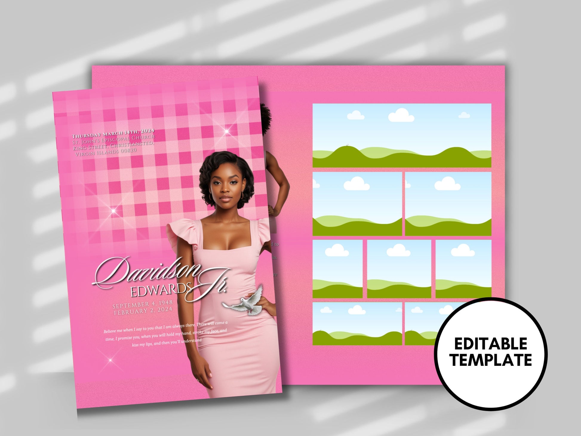 Funeral programs 8.5X11 editable template 8 page Women's Pink In loving memory funeral brochure printing DIY Funeral booklet