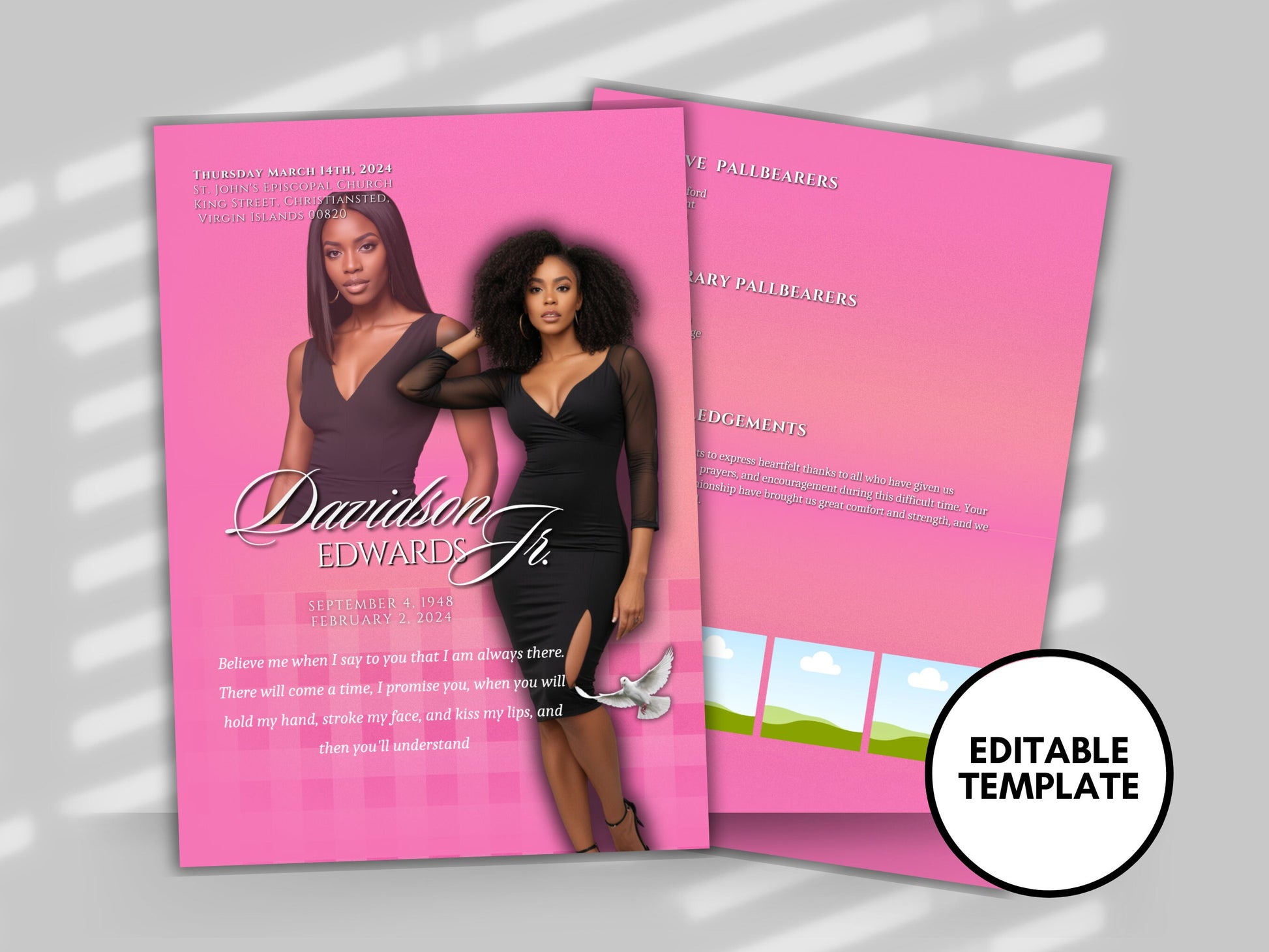 Funeral programs editable template 2 page 8.5x11 Women's Pink In loving memory funeral brochure printing DIY Funeral booklet