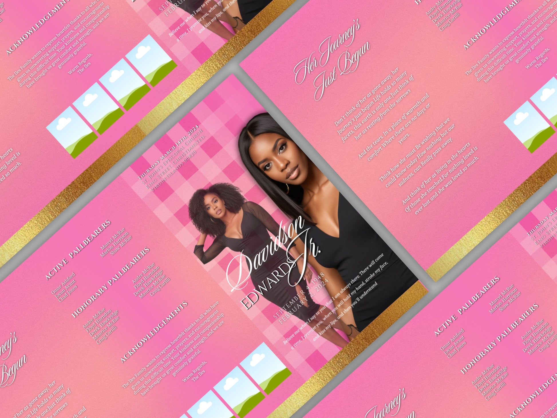 Funeral program 17"X11"editable templateTRIFOLD Women's Pink In loving memory funeral brochure printing DIY Funeral booklet Printable