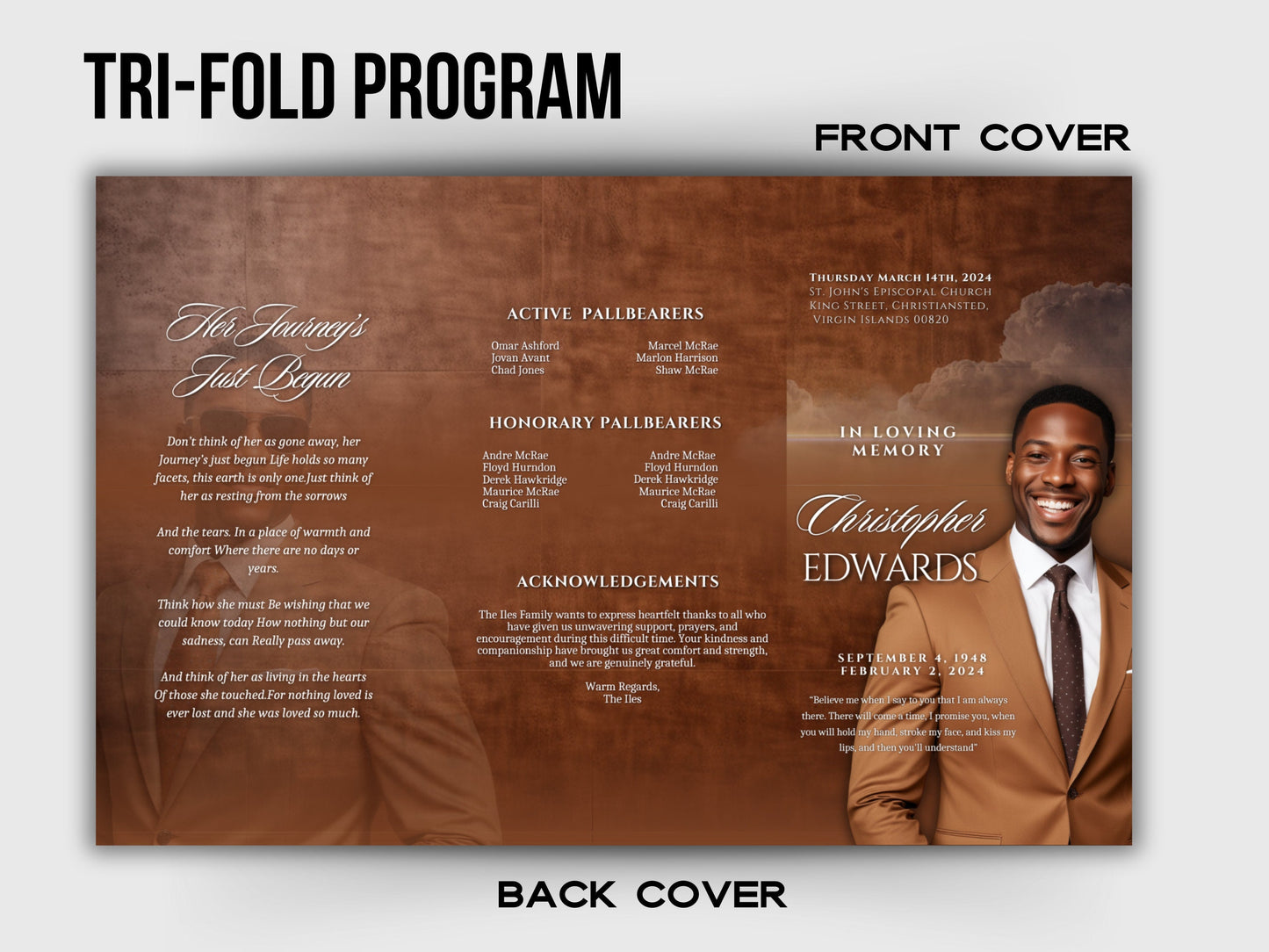 Funeral program 17"X11"editable templateTRIFOLD Men's Brown In loving memory funeral brochure printing DIY Funeral booklet Printable