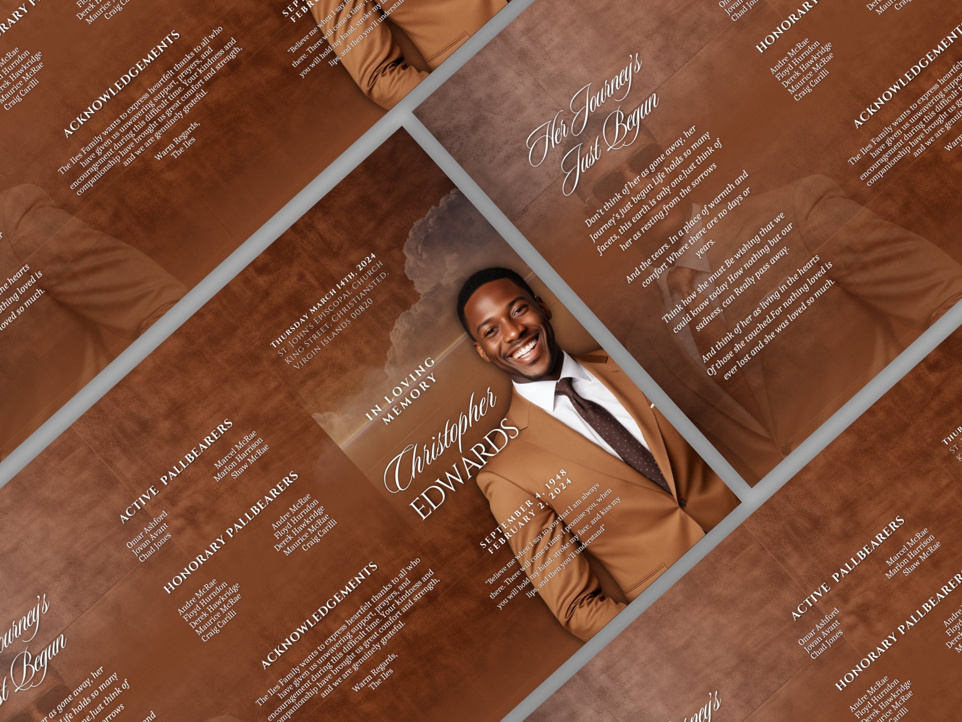 Funeral program 17"X11"editable templateTRIFOLD Men's Brown In loving memory funeral brochure printing DIY Funeral booklet Printable