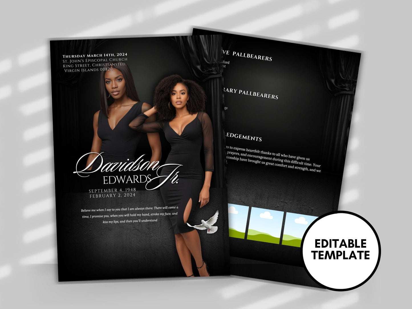 Funeral programs editable template 2 page 8.5x11 Women's Black & Gold In loving memory funeral brochure printing DIY Funeral booklet