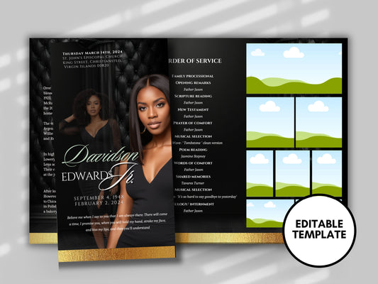 Funeral program 17"X11"editable templateTRIFOLD Women's Black In loving memory funeral brochure printing DIY Funeral booklet Printable