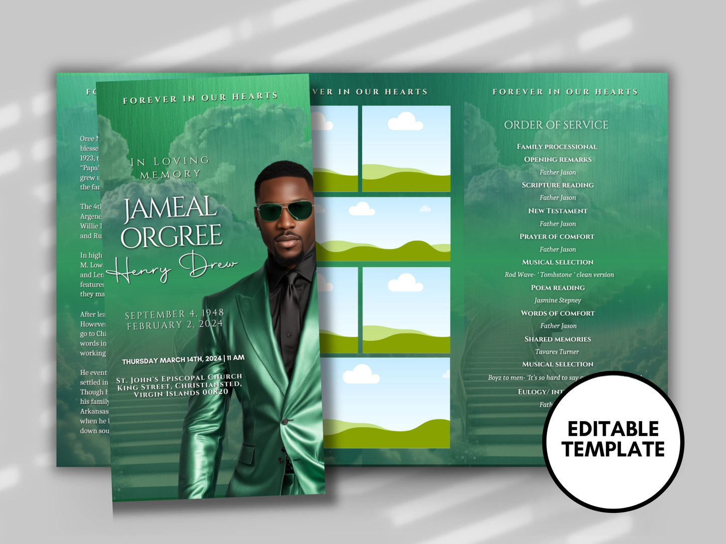 Funeral program 17"X11"editable templateTRIFOLD Men's Green In loving memory funeral brochure printing DIY Funeral booklet Printable