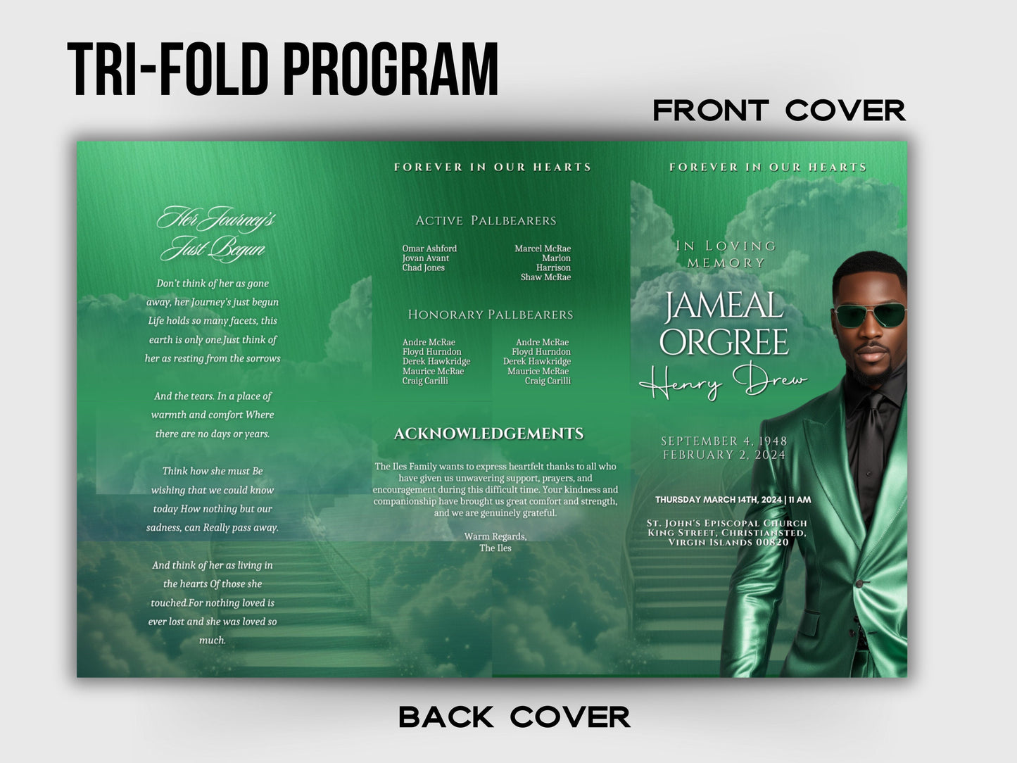 Funeral program 17"X11"editable templateTRIFOLD Men's Green In loving memory funeral brochure printing DIY Funeral booklet Printable