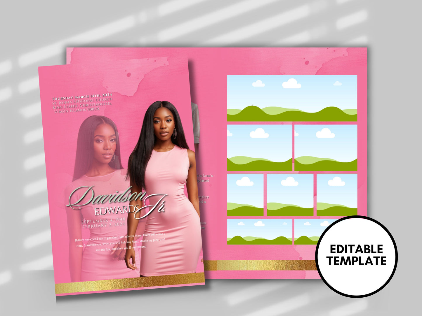 Funeral programs 8.5X11 editable template 8 page Women's Pink In loving memory funeral brochure printing DIY Funeral booklet