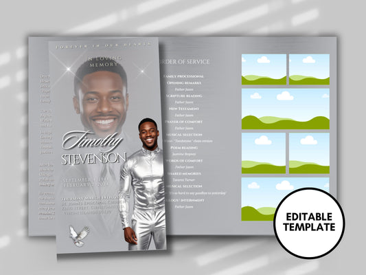 Funeral program 17"X11"editable templateTRIFOLD Men's Silver In loving memory funeral brochure printing DIY Funeral booklet Printable