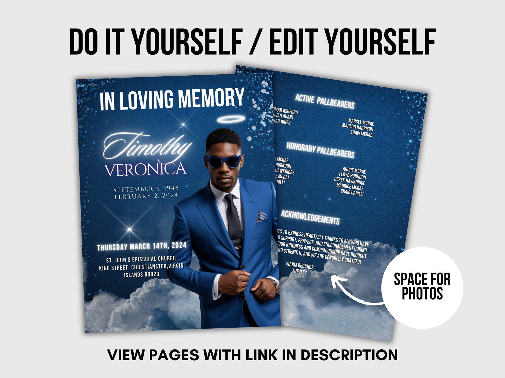 Funeral programs editable template 2 page 8.5x11 Men's Blue In loving memory funeral brochure printing DIY Funeral booklet