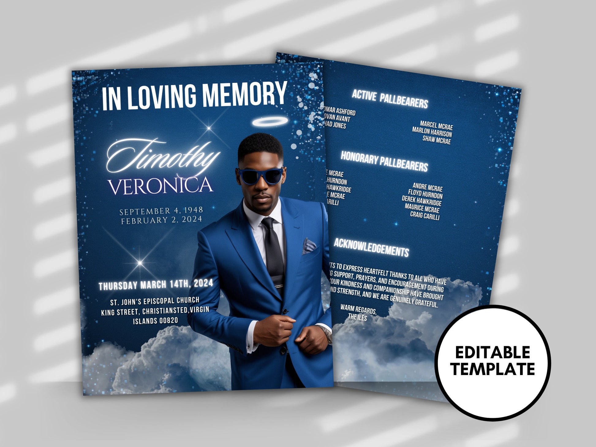 Funeral programs editable template 2 page 8.5x11 Men's Blue In loving memory funeral brochure printing DIY Funeral booklet