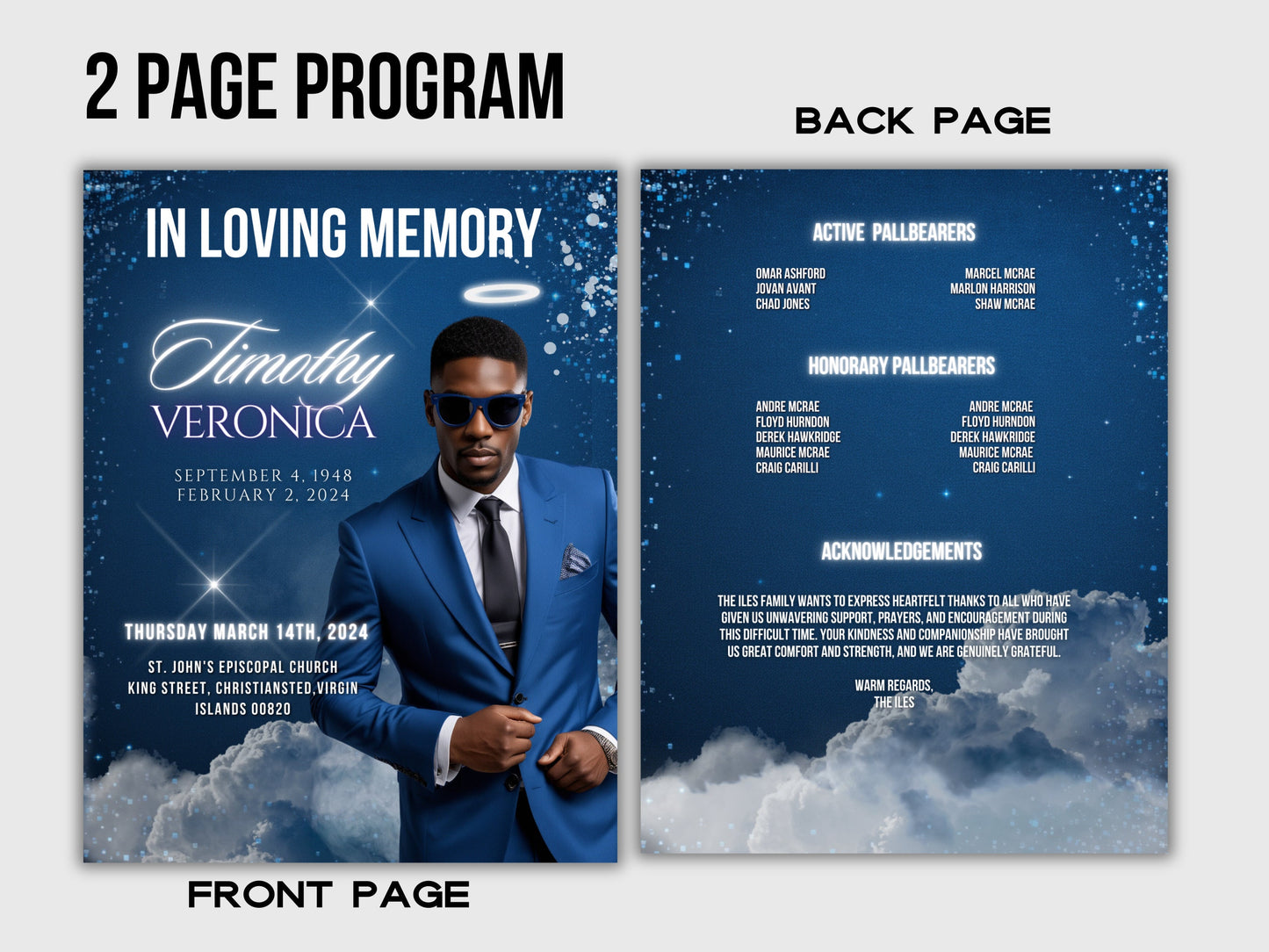 Funeral programs editable template 2 page 8.5x11 Men's Blue In loving memory funeral brochure printing DIY Funeral booklet