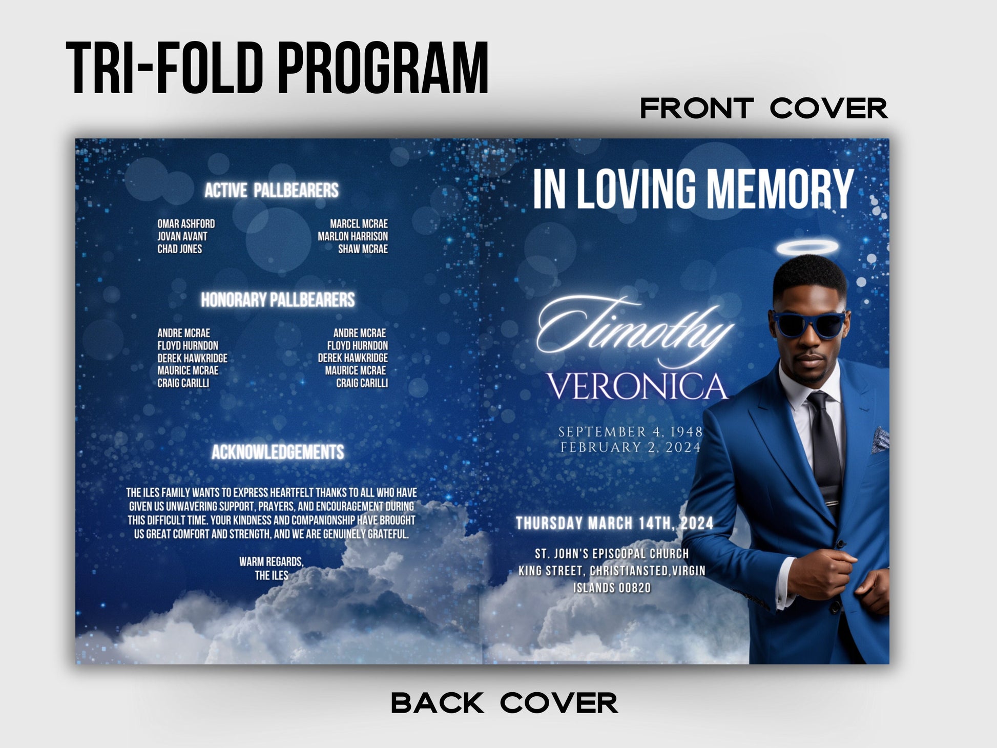 Funeral program 17"X11"editable templateTRIFOLD Men's Blue In loving memory funeral brochure printing DIY Funeral booklet Printable