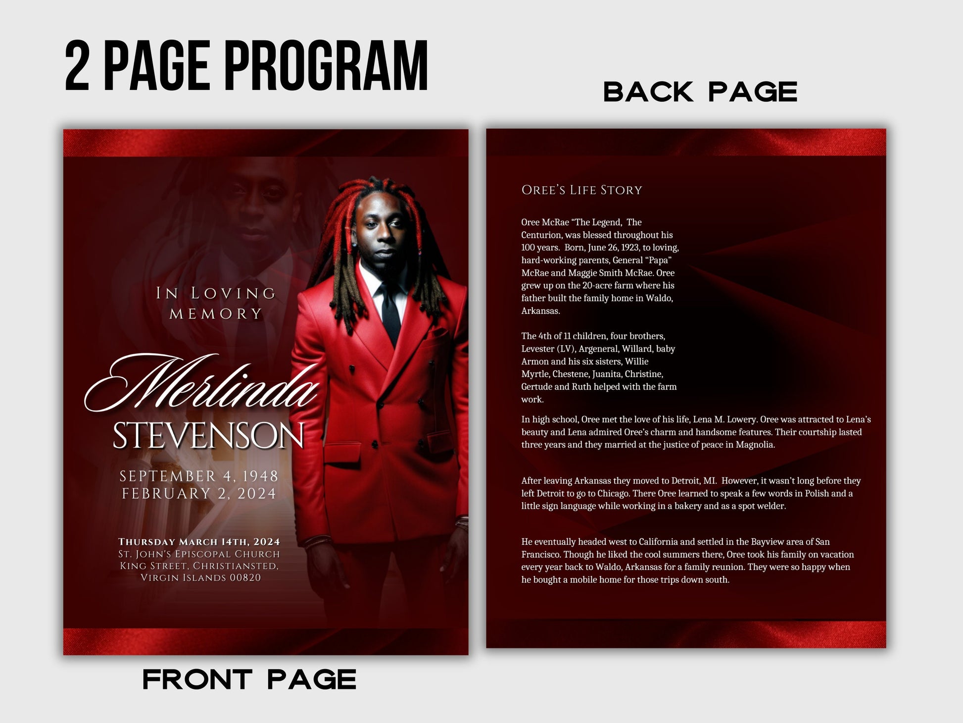 Funeral programs editable template 2 page 8.5x11 Men's Red In loving memory funeral brochure printing DIY Funeral booklet