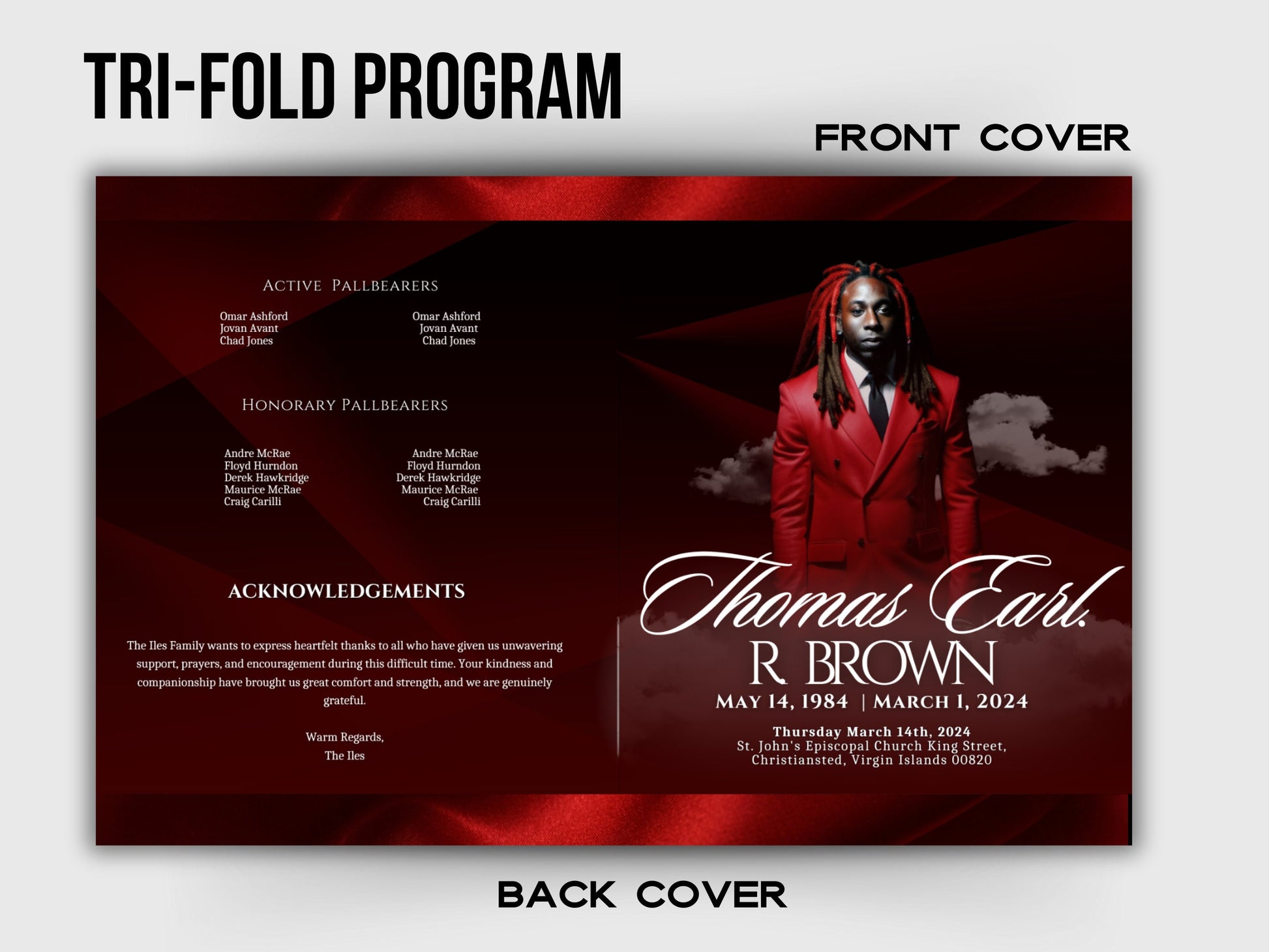 Funeral program 17"X11"editable templateTRIFOLD Men's Red In loving memory funeral brochure printing DIY Funeral booklet Printable