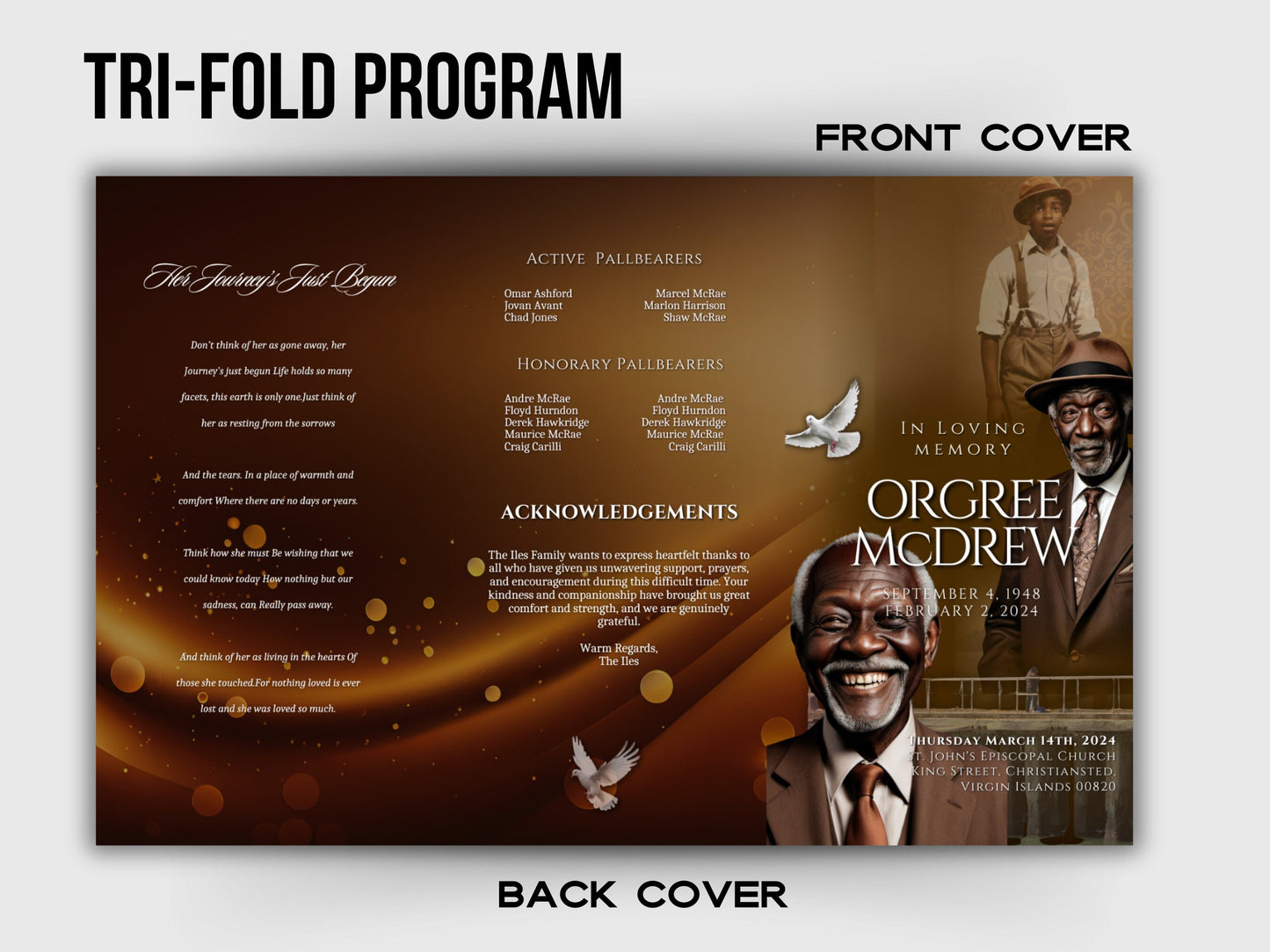 Funeral program 17"X11"editable templateTRIFOLD Men's Brown In loving memory funeral brochure printing DIY Funeral booklet Printable