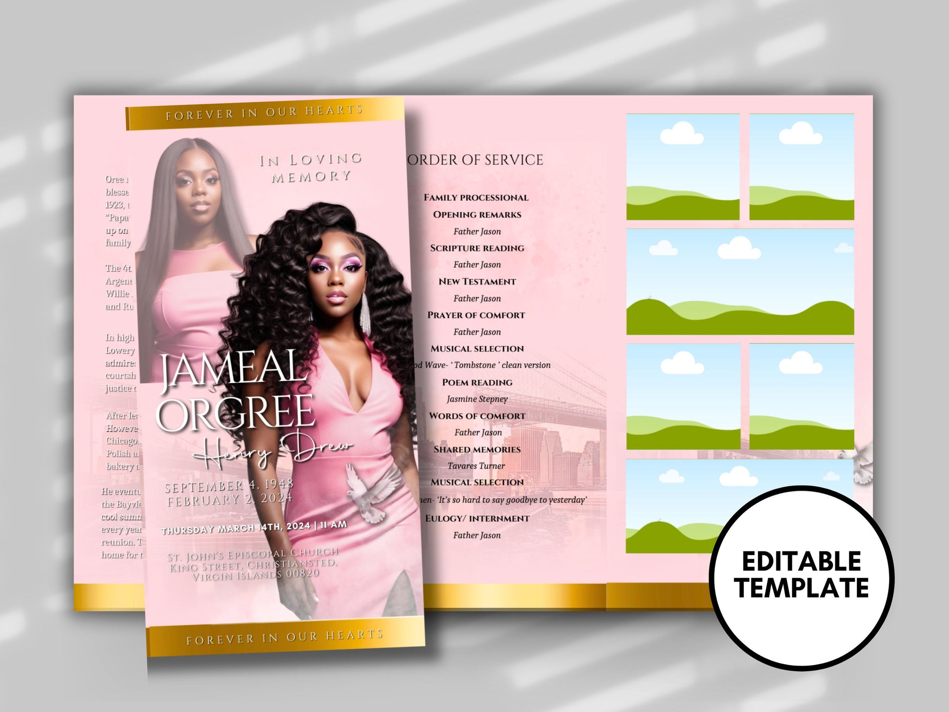 Funeral program 17"X11"editable templateTRIFOLD Women's Pink In loving memory funeral brochure printing DIY Funeral booklet Printable