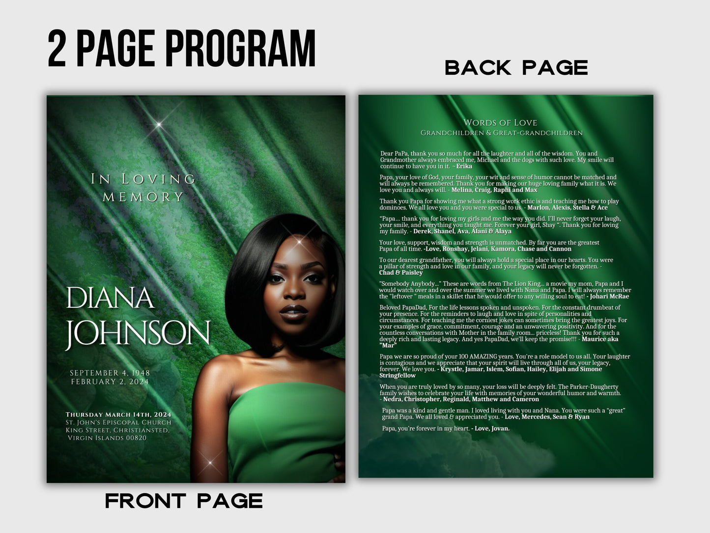 Funeral programs editable template 2 page 8.5x11 Women's green In loving memory funeral brochure printing DIY Funeral booklet